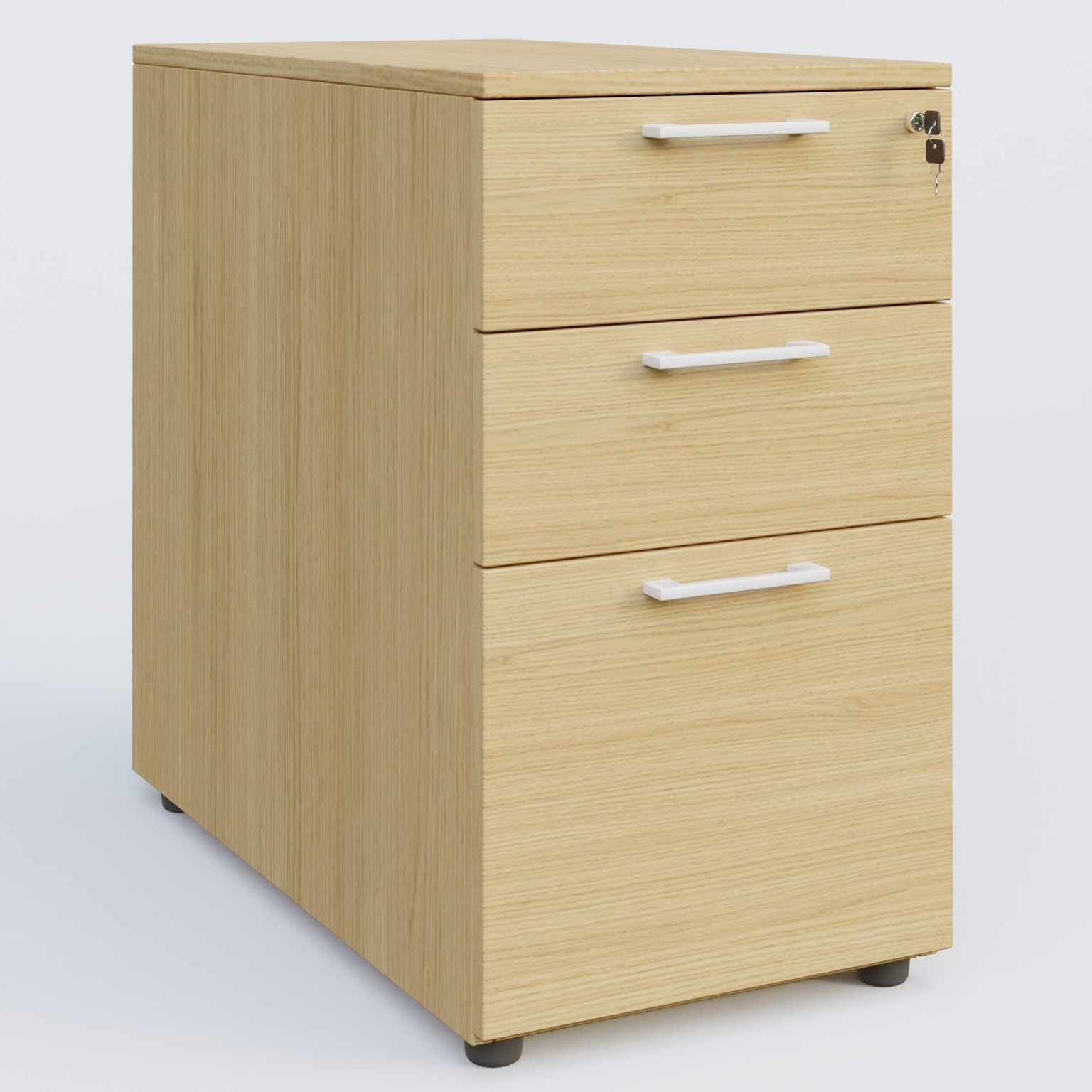 Caisson hauteur de bureau mélamine 3 tiroirs, profondeur 80cm. Caisson Chêne clair et poignets Blanc.