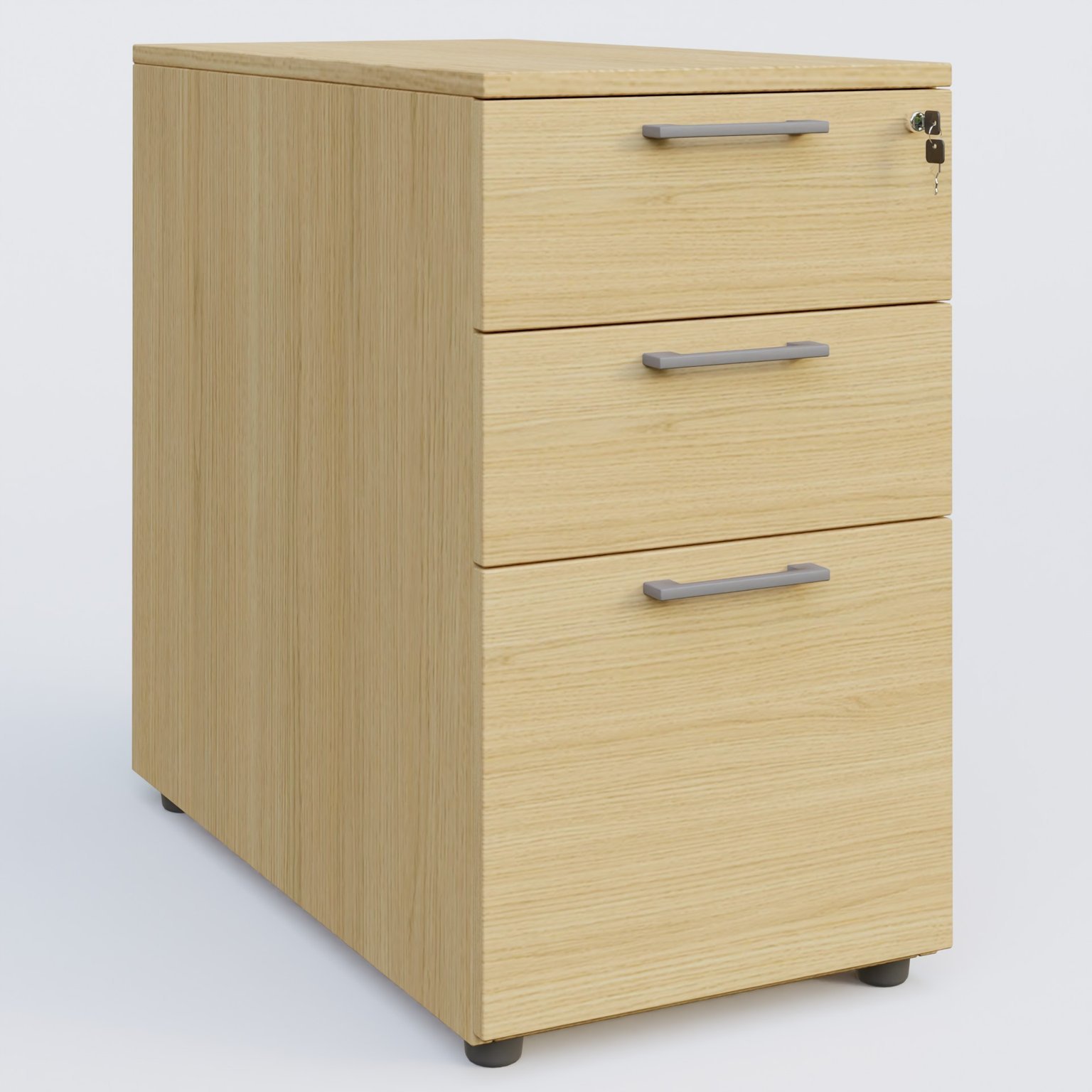 Caisson hauteur de bureau mélamine 3 tiroirs, profondeur 80cm. Caisson Chêne clair et poignets Aluminium.