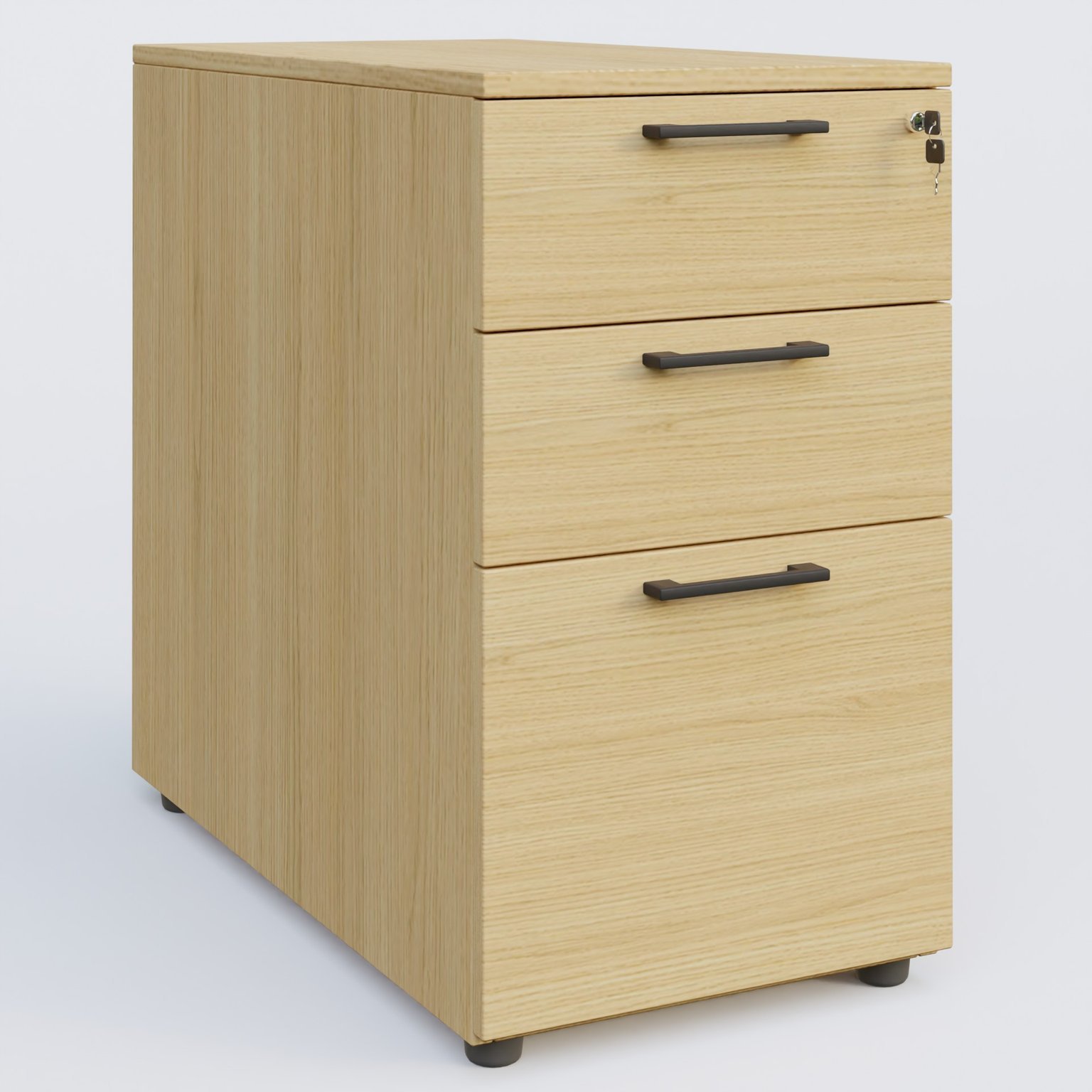 Caisson hauteur de bureau mélamine 3 tiroirs, profondeur 80cm. Caisson Chêne clair et poignets Noir.
