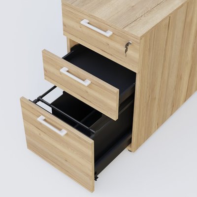 [Pas de famille] - [Pas de sous famille] - Caisson hauteur de bureau mélamine 3 tiroirs, profondeur 80cm. Caisson Chêne naturel et poignets Blanc.