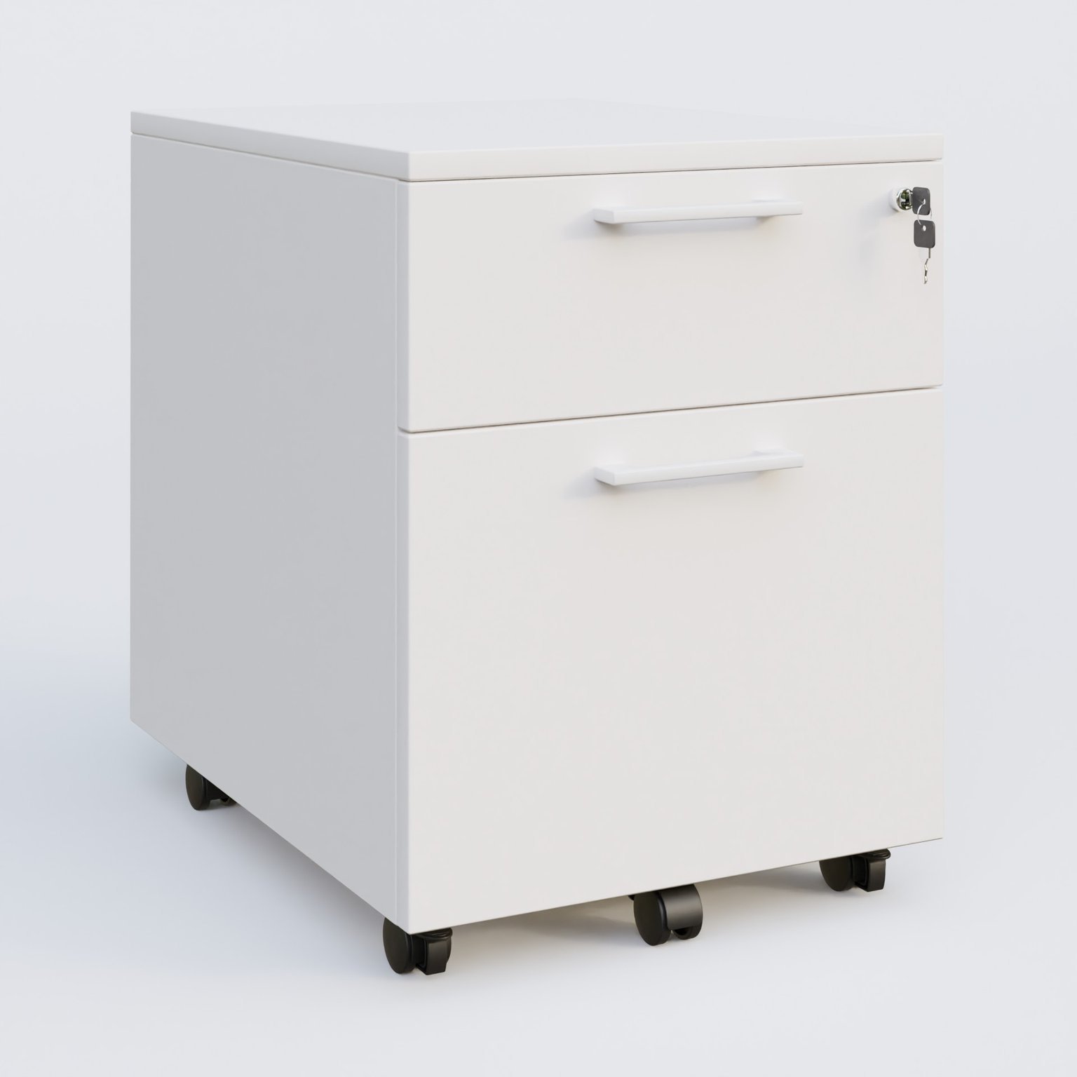 Caisson mobile mélamine 2 tiroirs, hauteur 55 cm. Caisson Blanc et poignets Blanc.