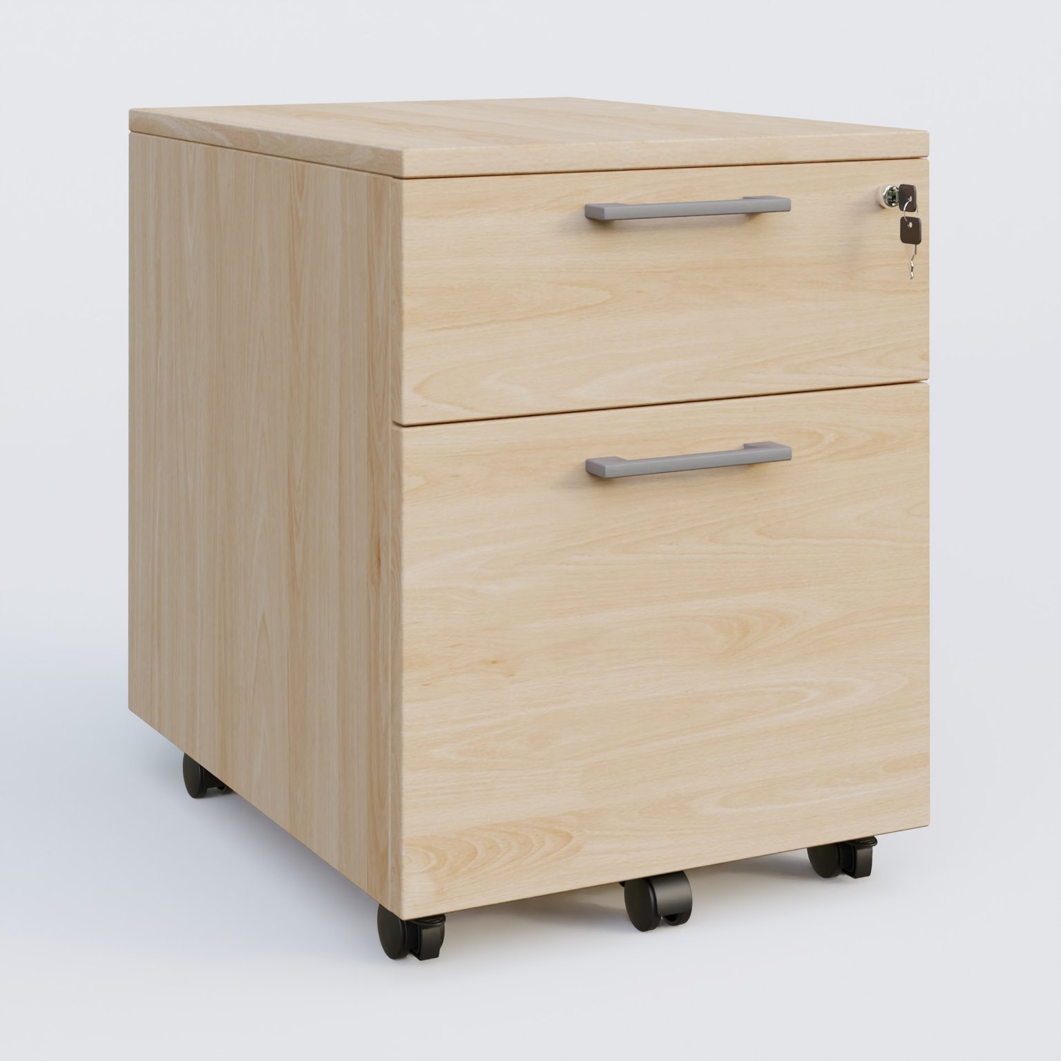 Caisson mobile mélamine 2 tiroirs, hauteur 55 cm. Caisson Hêtre et poignets Aluminium.