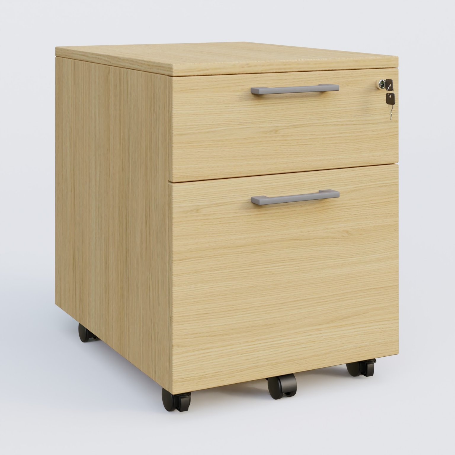Caisson mobile mélamine 2 tiroirs, hauteur 55 cm. Caisson Chêne clair et poignets Aluminium.