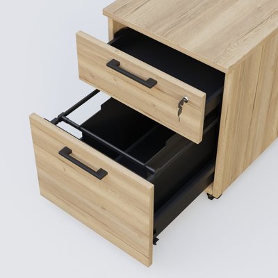 [Pas de famille] - [Pas de sous famille] - Caisson mobile mélamine 2 tiroirs, hauteur 55 cm. Caisson Chêne naturel et poignets Noir.