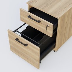 [Pas de famille] - [Pas de sous famille] - Caisson mobile mélamine 2 tiroirs, hauteur 55 cm. Caisson Chêne naturel et poignets Noir.