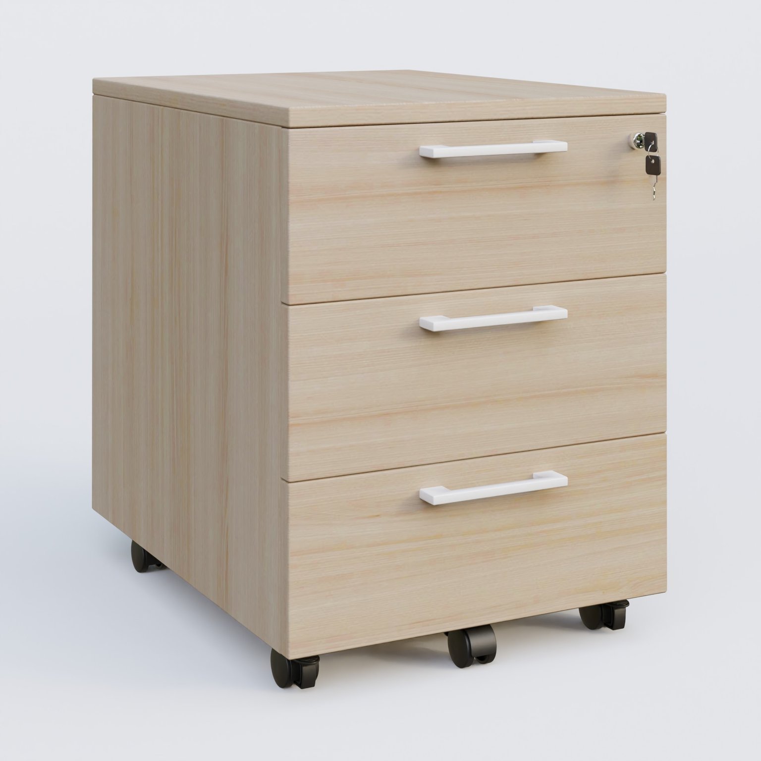 Caisson mobile mélamine 3 tiroirs, hauteur 55 cm. Caisson Acacia et poignets Blanc.