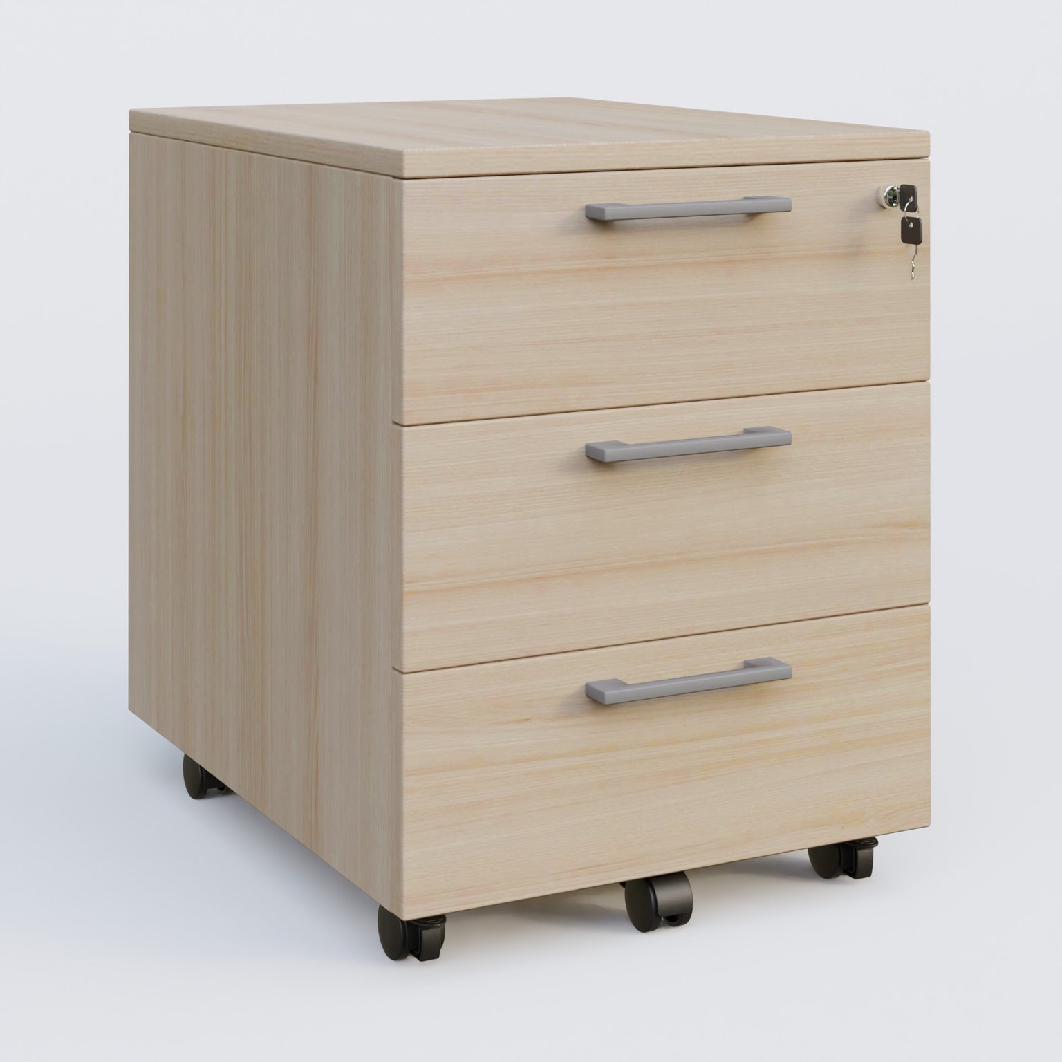 Caisson mobile mélamine 3 tiroirs, hauteur 55 cm. Caisson Acacia et poignets Aluminium.