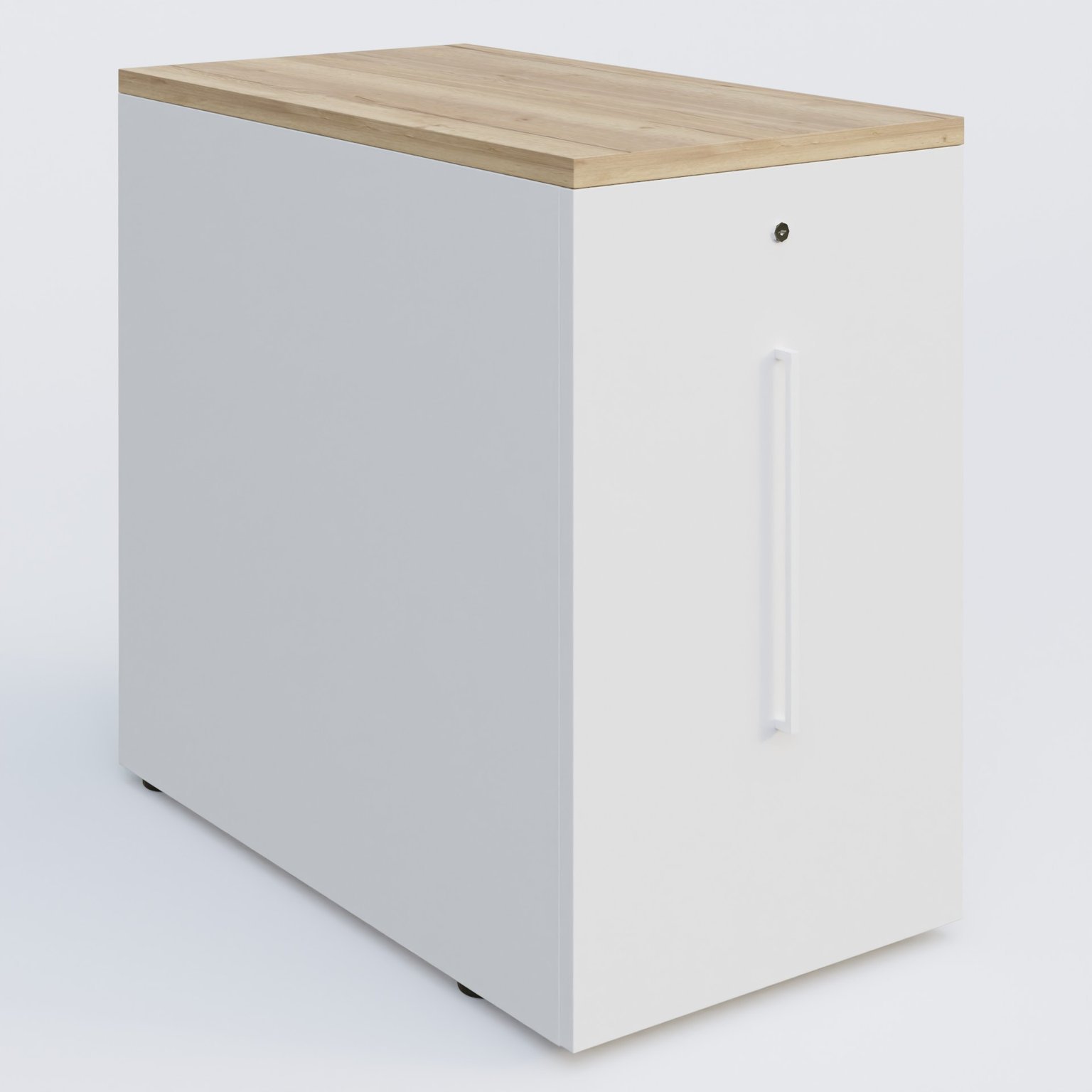 Tour de rangement hauteur de bureau 72 cm position à droite. Caisson Chêne naturel et top de finition Blanc.