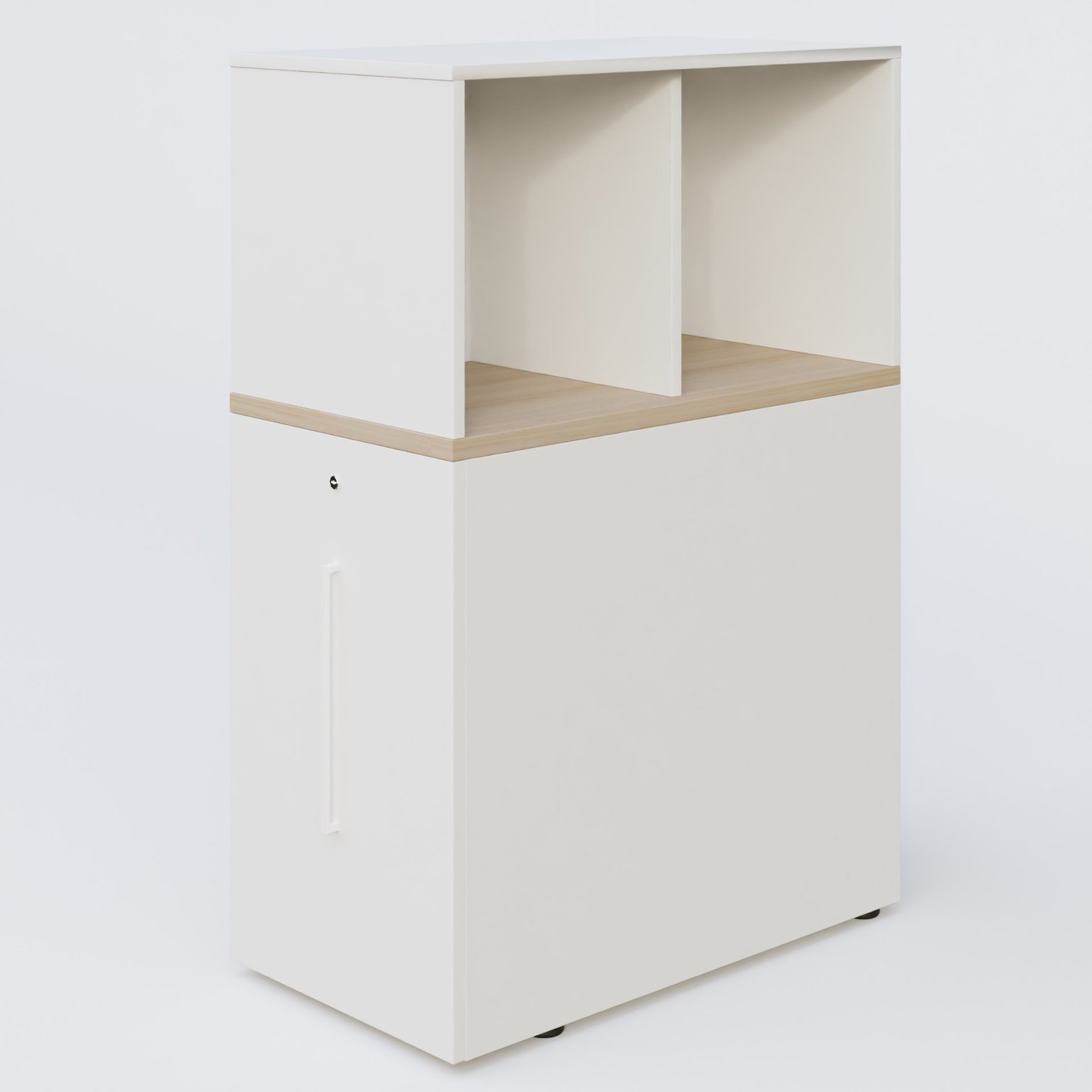 Tour de rangement hauteur de bureau position à gauche avec Niche. Caisson Acacia et top de finition Blanc.