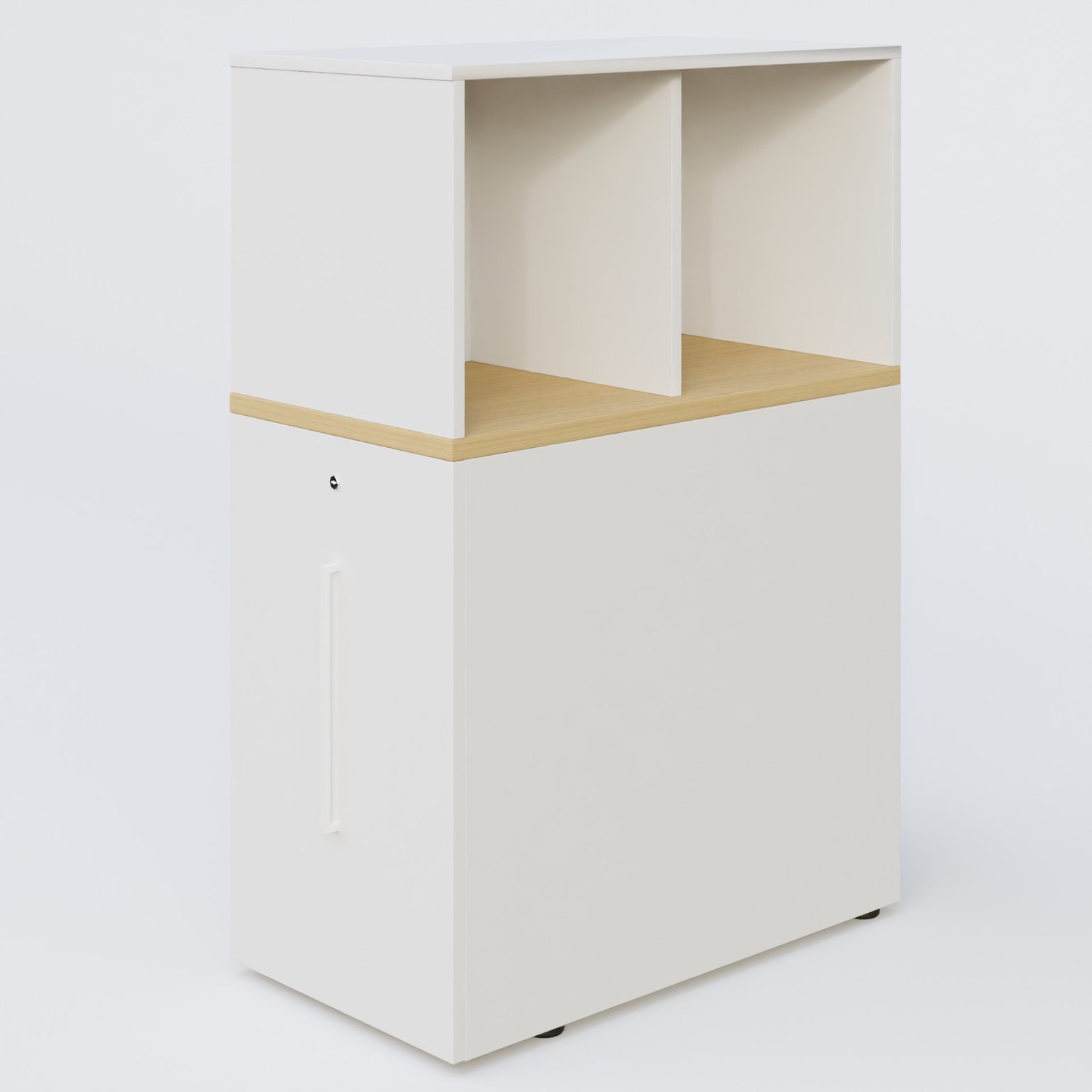 Tour de rangement hauteur de bureau position à gauche avec Niche. Caisson Chêne clair et top de finition Blanc.