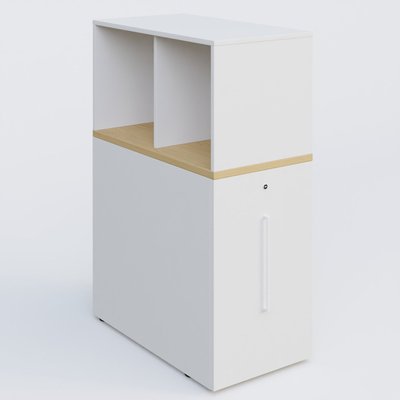 [Pas de famille] - [Pas de sous famille] - Tour de rangement hauteur de bureau position à droite avec Niche. Caisson Chêne clair et top de finition Blanc.