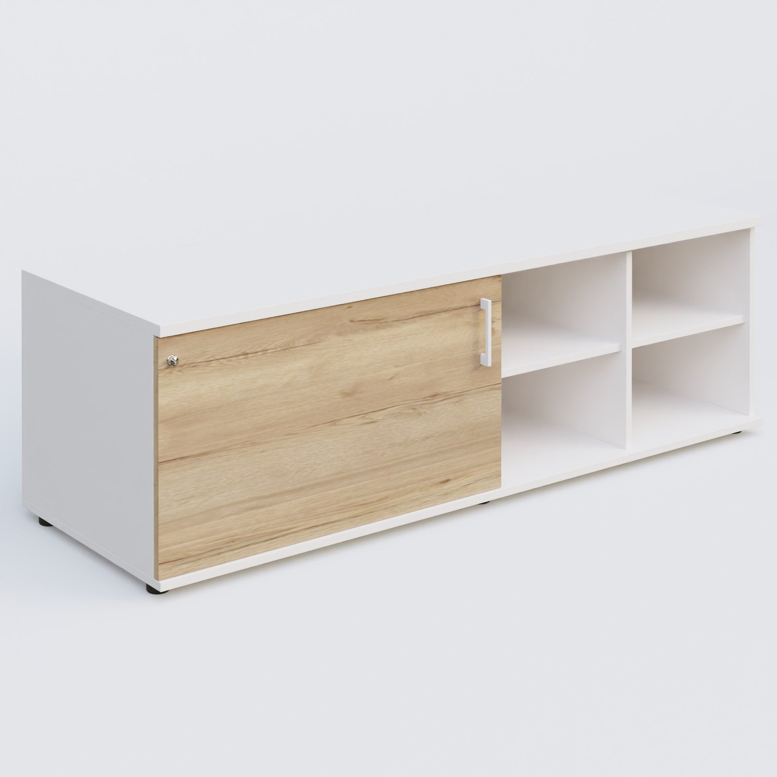 Caisson USE ME sans caisson, porte à gauche. Caisson Blanc et portes Chêne naturel.