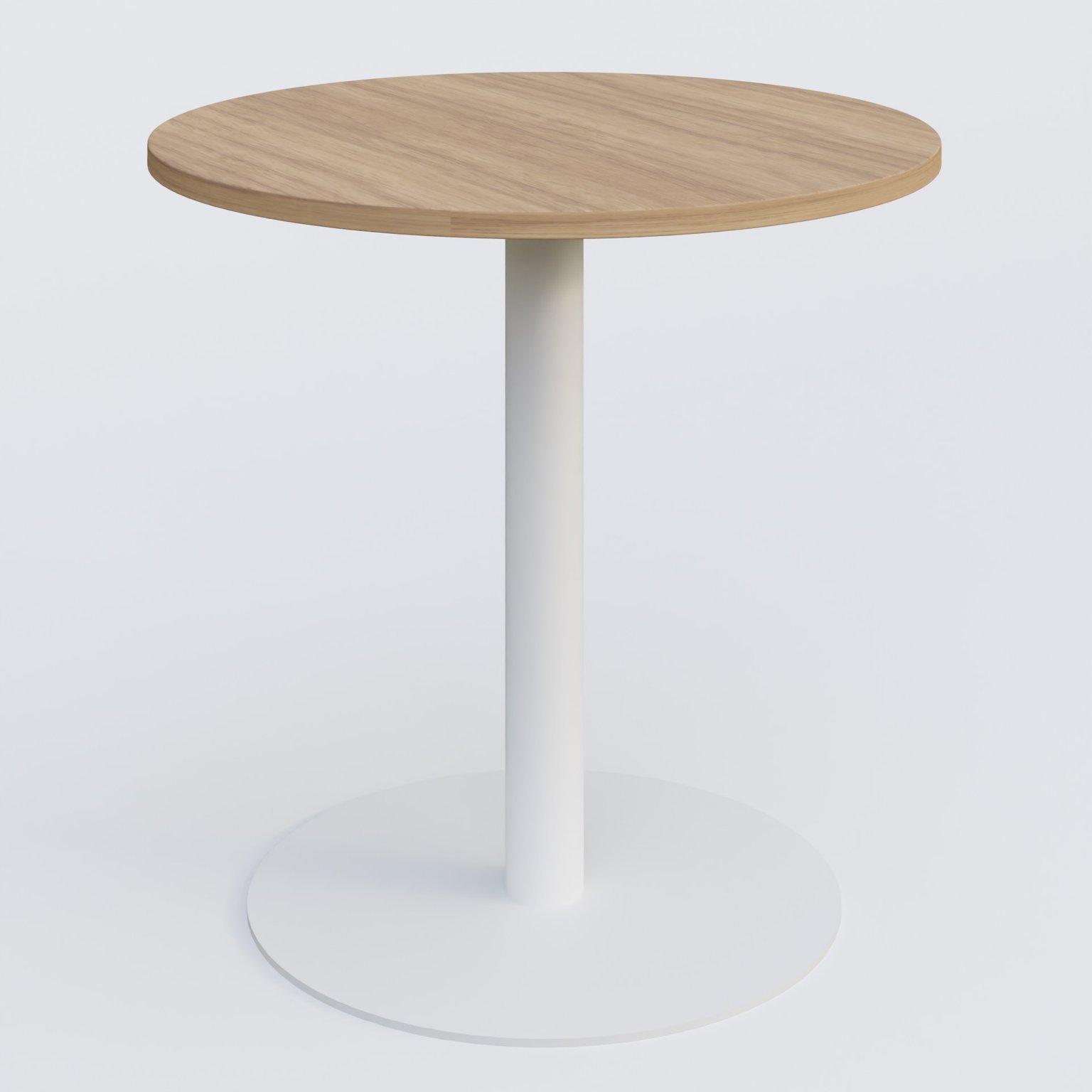 Table de réunion pietement colonne plateau D 80 cm. Plateau Noyer et pietement Blanc.