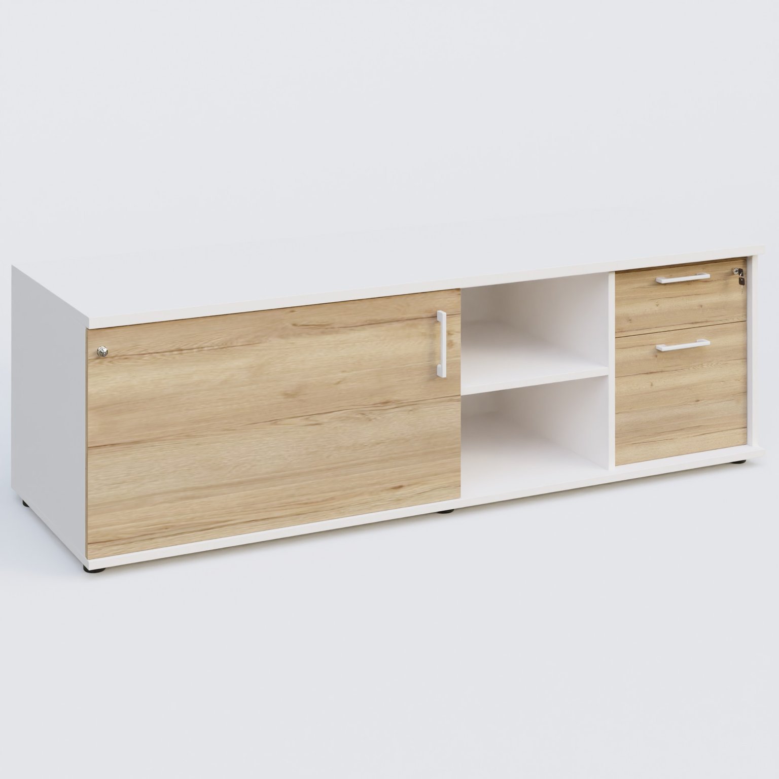 Caisson USE ME avec caisson deux tiroirs, porte à gauche. Caisson Blanc et portes Chêne naturel.