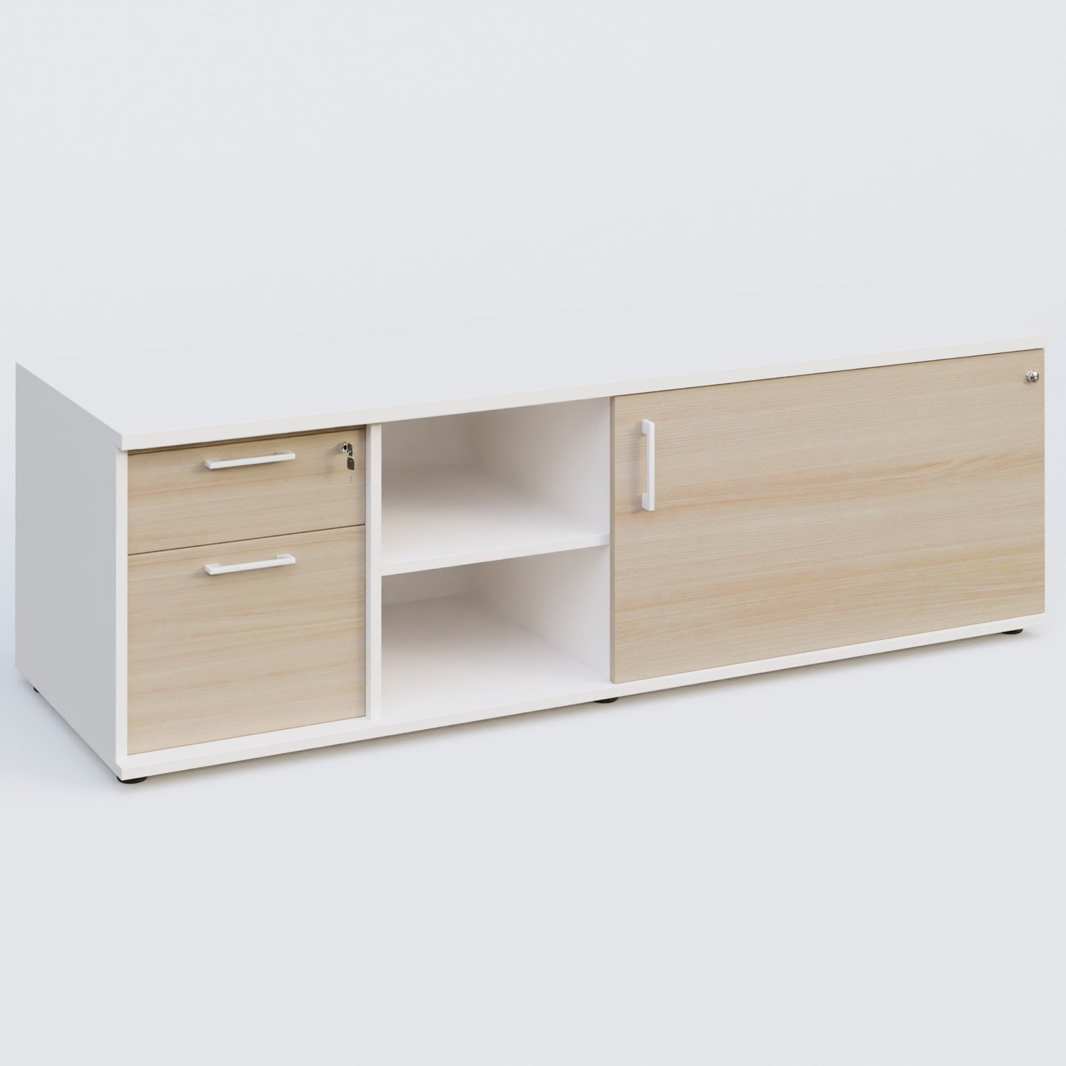 Caisson USE ME avec caisson deux tiroirs, porte à droite. Caisson Blanc et portes Acacia.