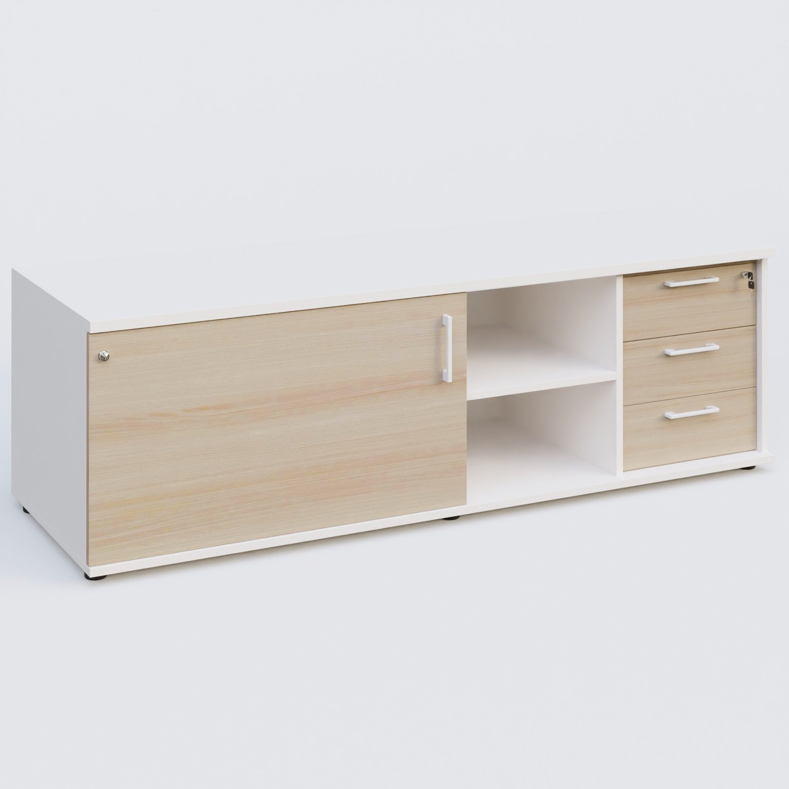 Caisson USE ME avec caisson trois tiroirs, porte à gauche. Caisson Blanc et portes Acacia.