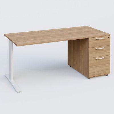 [Pas de famille] - [Pas de sous famille] - K1 Plateau droit 160x80 avec caisson porteur sous plateau mélamine à droite. Plateau Noyer et pietement Blanc