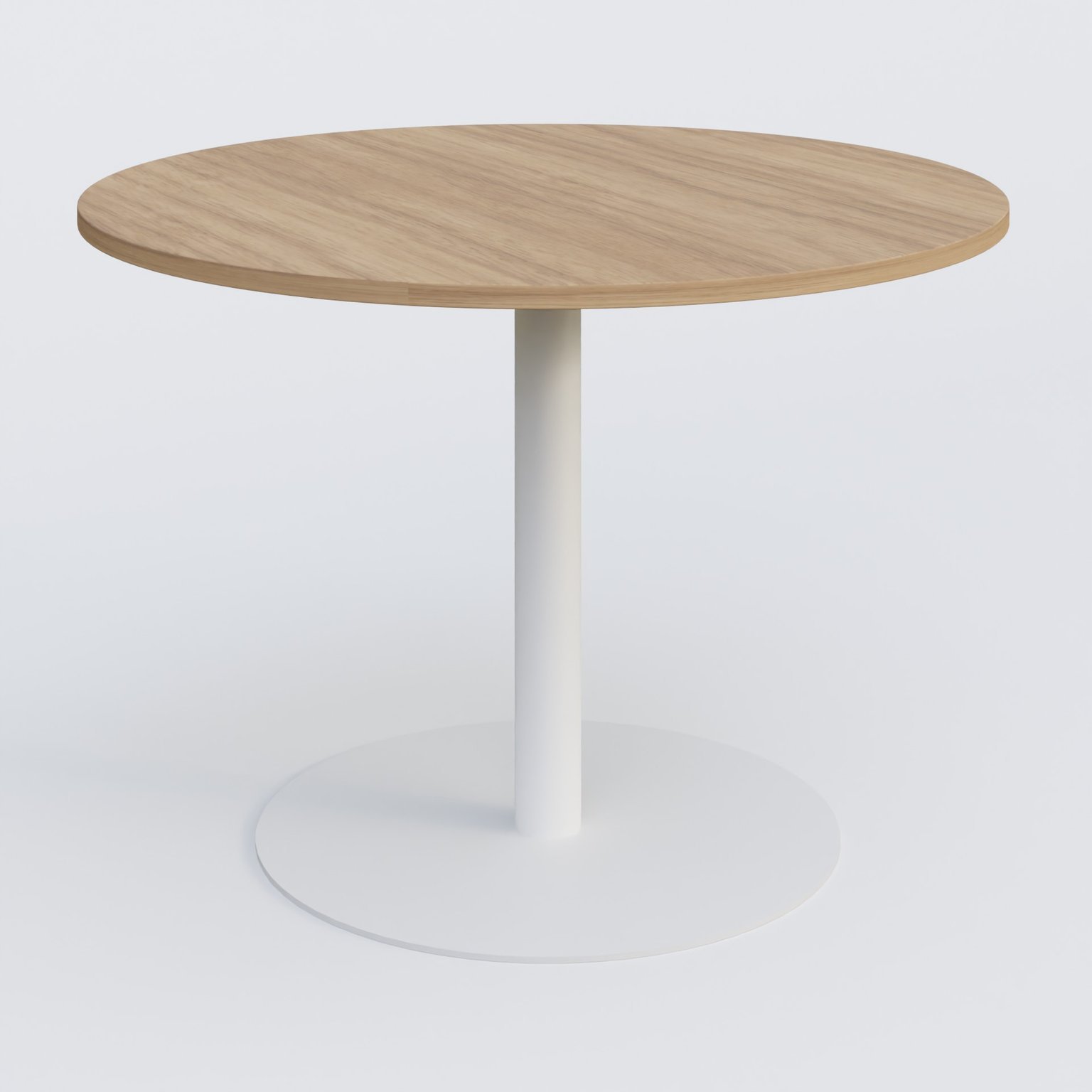 Table ronde diametre 110 cm avec pieds colonne centrale. Plateau Noyer et pietement Blanc