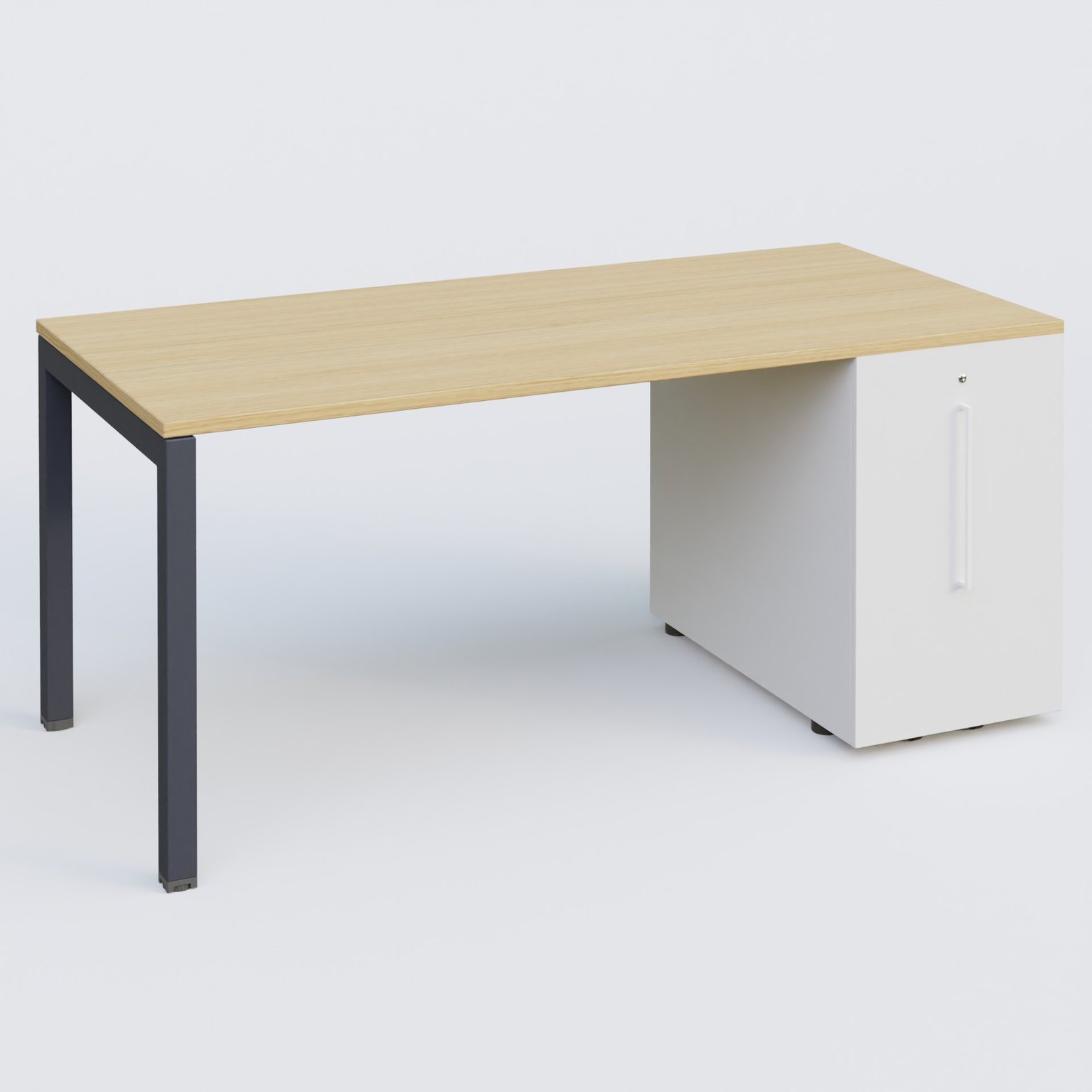 K3 Plateau droit 180x80 avec tour de rangement sous le plateau à droite. Plateau Chêne clair et pietement Anthracite