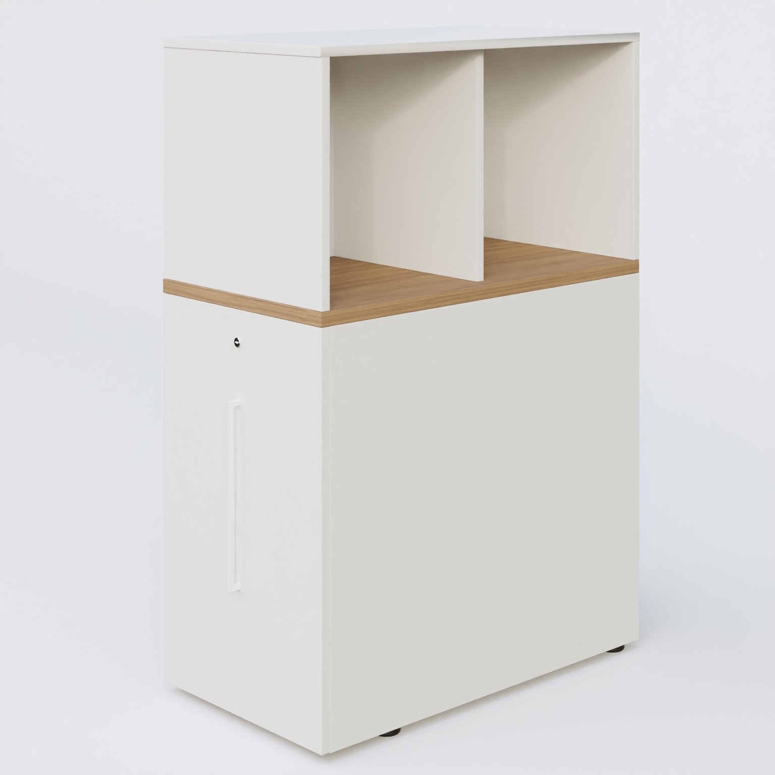 Tour de rangement hauteur de bureau position à gauche avec Niche. Caisson Noyer et top de finition Blanc.