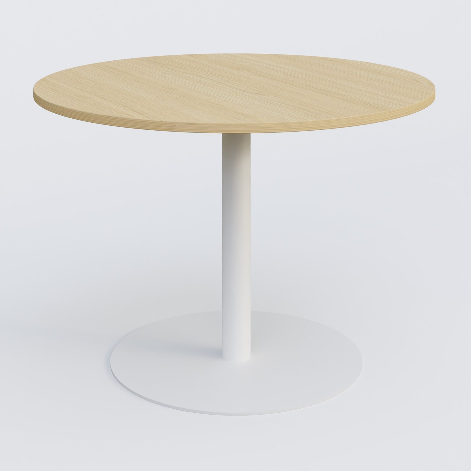Table ronde diametre 110 cm avec pieds colonne centrale. Plateau Chêne clair et pietement Blanc