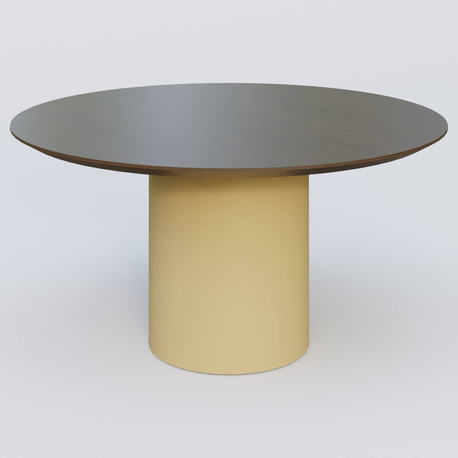 Table Basse Fashion Styl piètement colonne en métal D-26cm et plateau bois. Plateau Chêne Moka et pietement Jaune Cuivre (RAL 1002).