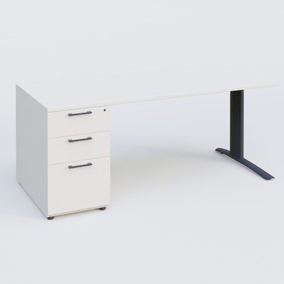 [Pas de famille] - [Pas de sous famille] - K1 Plateau droit 160x80 avec caisson porteur sous plateau mélamine à gauche. Plateau Blanc et pietement Anthracite