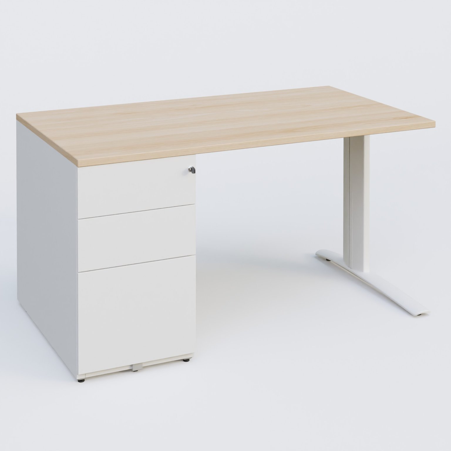 K1 Plateau droit 140x80 avec caisson métal porteur sous plateau à gauche. Plateau Hêtre et pietement Blanc