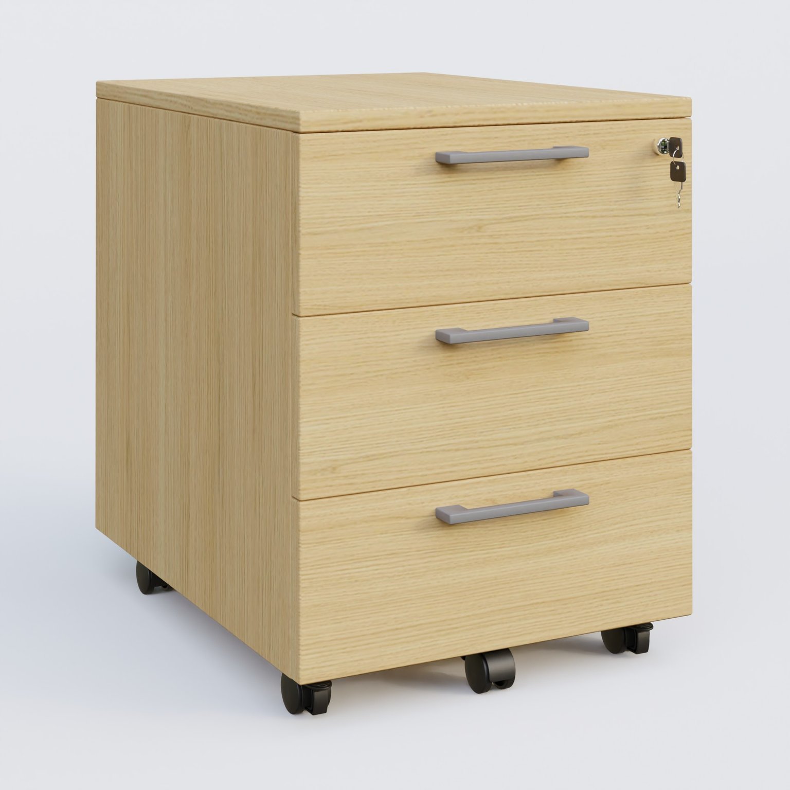 Caisson mobile mélamine 3 tiroirs, hauteur 55 cm. Caisson Chêne clair et poignets Aluminium.