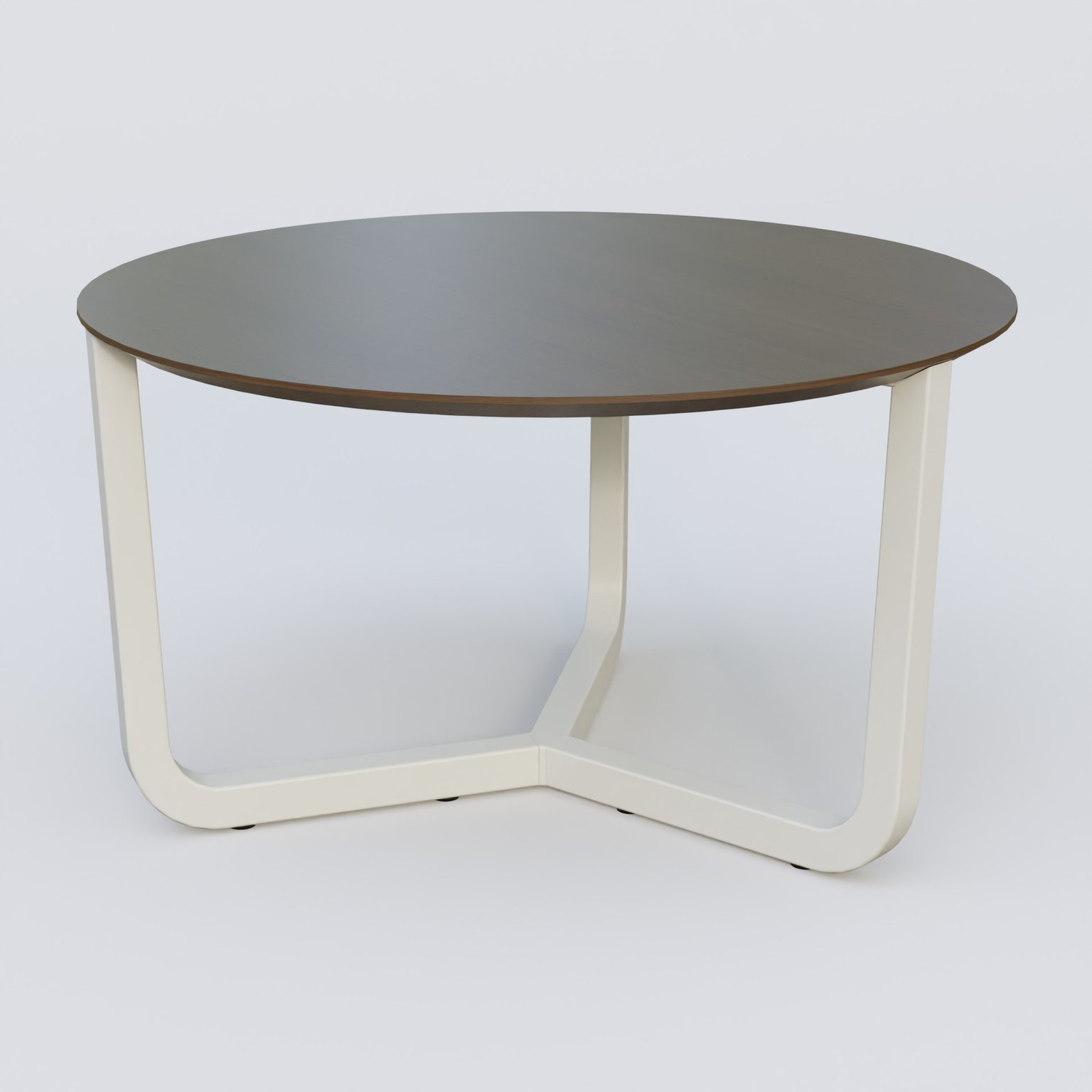 Table Basse Fashion Styl piètement tryptique en métal et plateau bois. Plateau Chêne Moka et pietement Blanc (RAL 9010).