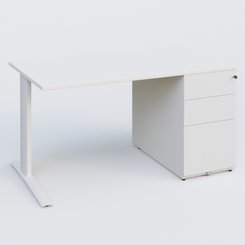 [Pas de famille] - [Pas de sous famille] - K1 Plateau droit 140x80 avec caisson métal porteur sous plateau à droite. Plateau Blanc et pietement Blanc