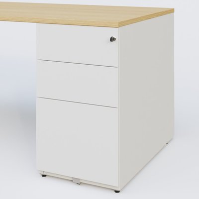 [Pas de famille] - [Pas de sous famille] - K1 Plateau droit 140x80 avec caisson métal porteur sous plateau à droite. Plateau Chêne clair et pietement Blanc