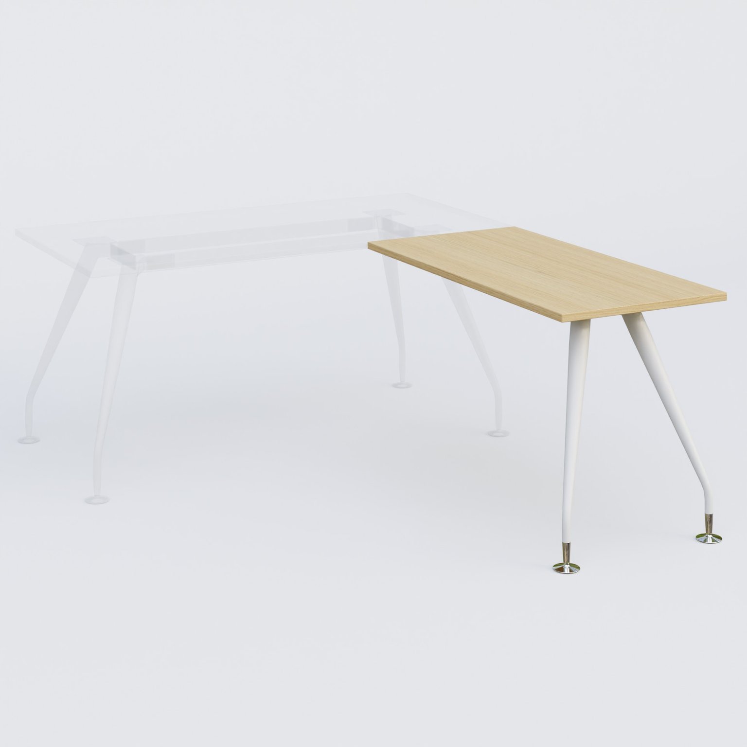 K5 retour sur pied 120*60 cm. Plateau Chêne clair et pietement Blanc avec base chromé.