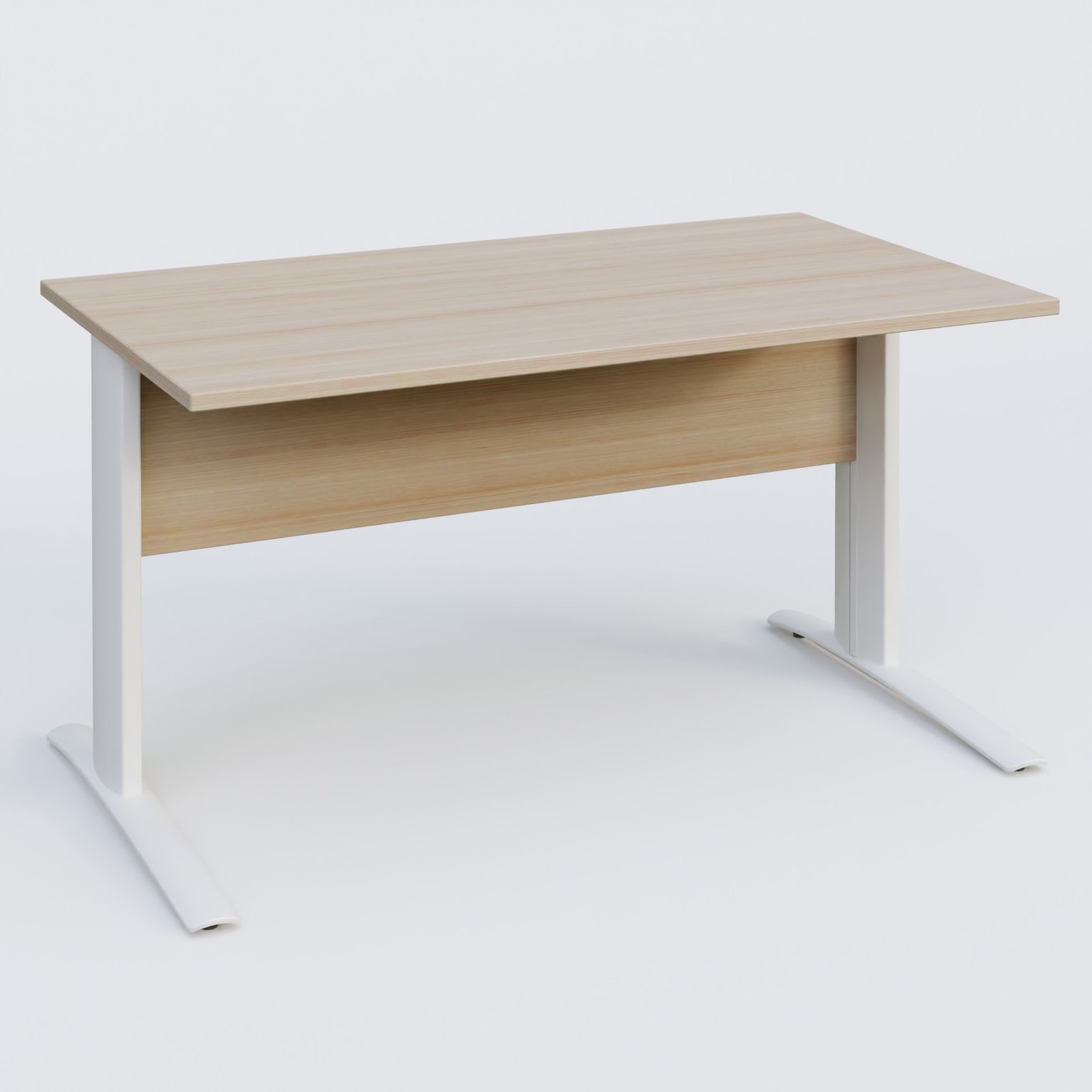 K1 Plateau droit 140x80 avec voile de fond bois. Plateau Acacia et pietement Blanc