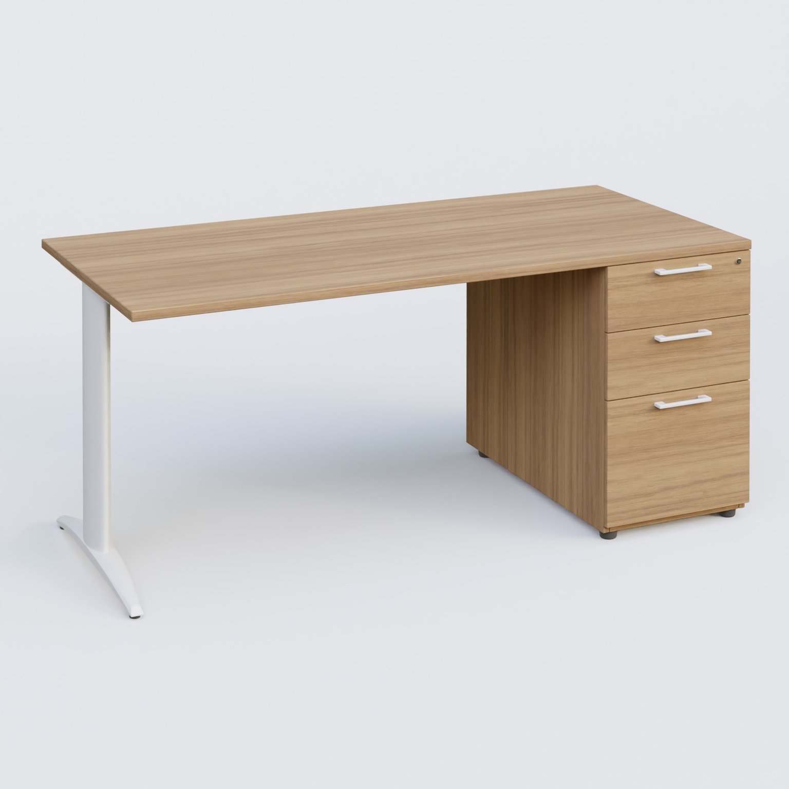 K2 Plateau droit 180x80 avec caisson porteur mélamine sous le plateau. Plateau , caisson Noyer et pietement Blanc