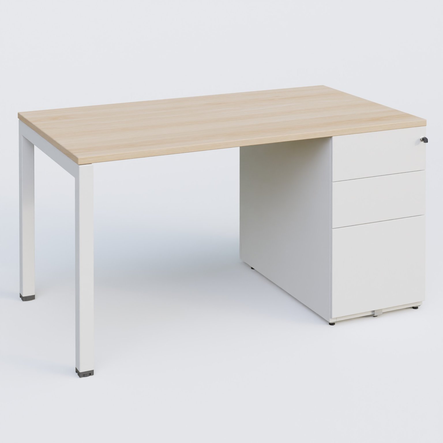 K3 Plateau droit 140x80 avec caisson métalique sous le plateau. Plateau Hêtre et pietement Blanc