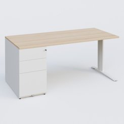 [Pas de famille] - [Pas de sous famille] - K1 Plateau droit 160x80 avec caisson métal porteur sous plateau à gauche. Plateau Hêtre et pietement Blanc