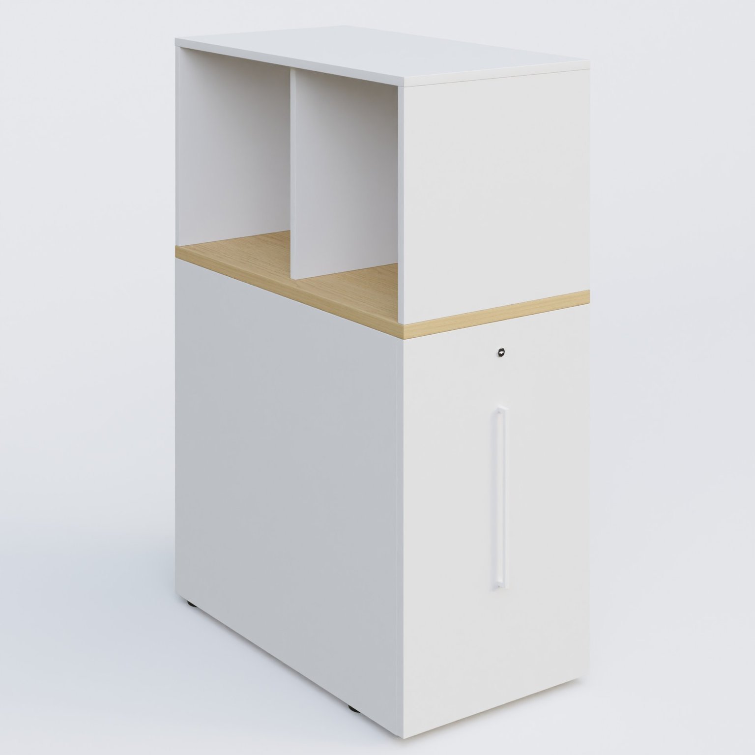 Tour de rangement hauteur de bureau position à droite avec Niche. Caisson Chêne clair et top de finition Blanc.