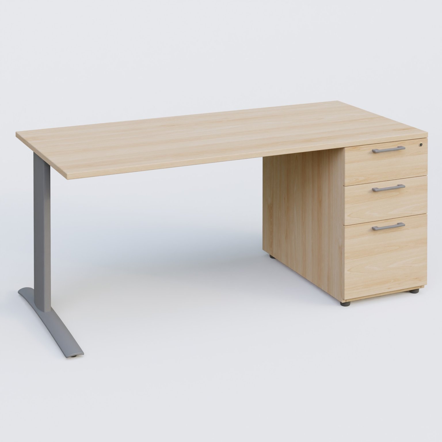 K1 Plateau droit 180x80 avec caisson porteur sous plateau mélamine à droite. Plateau Hêtre et pietement Aluminium