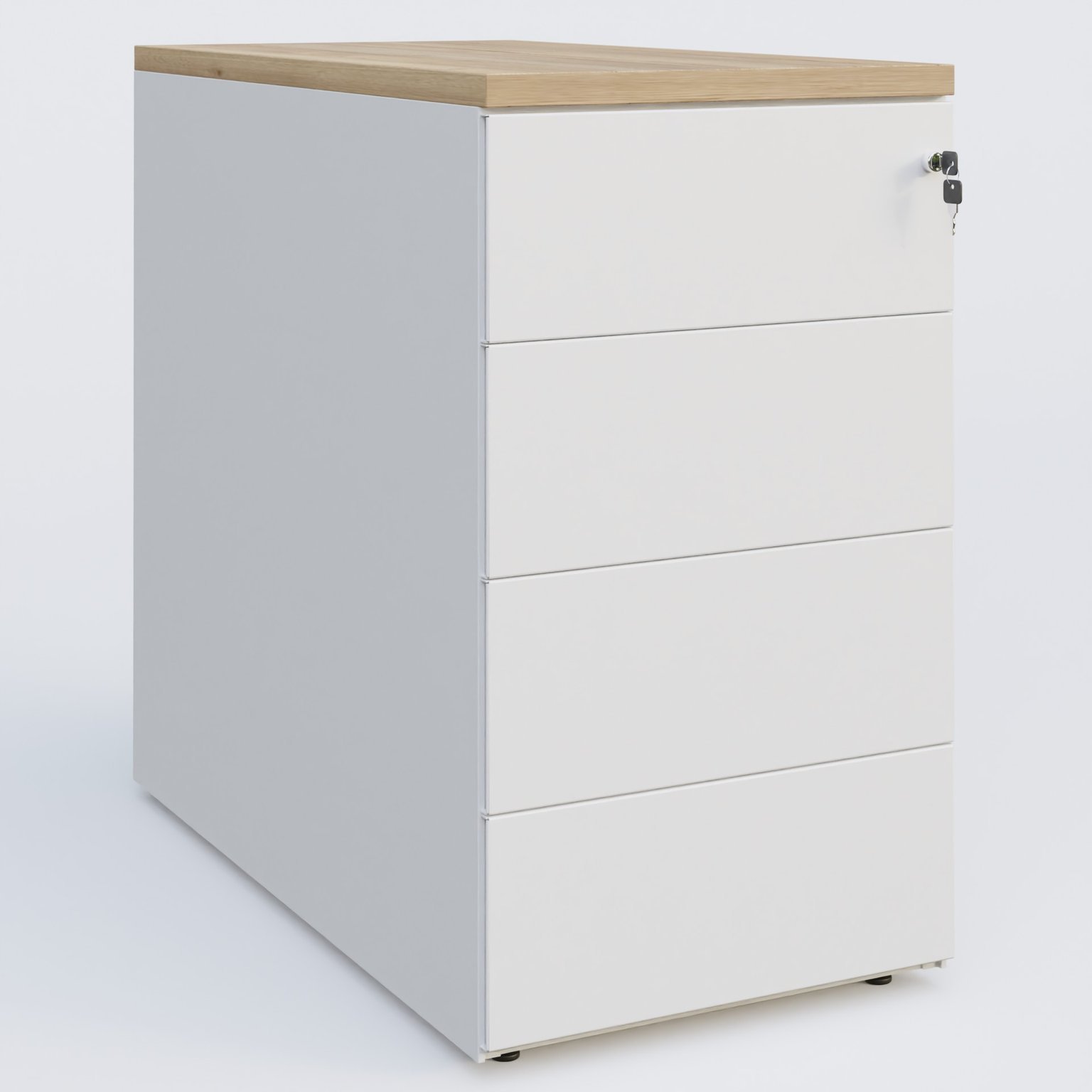 Caisson hauteur de bureau métalique 4 tiroirs avec top de finition, profondeur 80cm. Plateau Chêne naturel et caisson Blanc.
