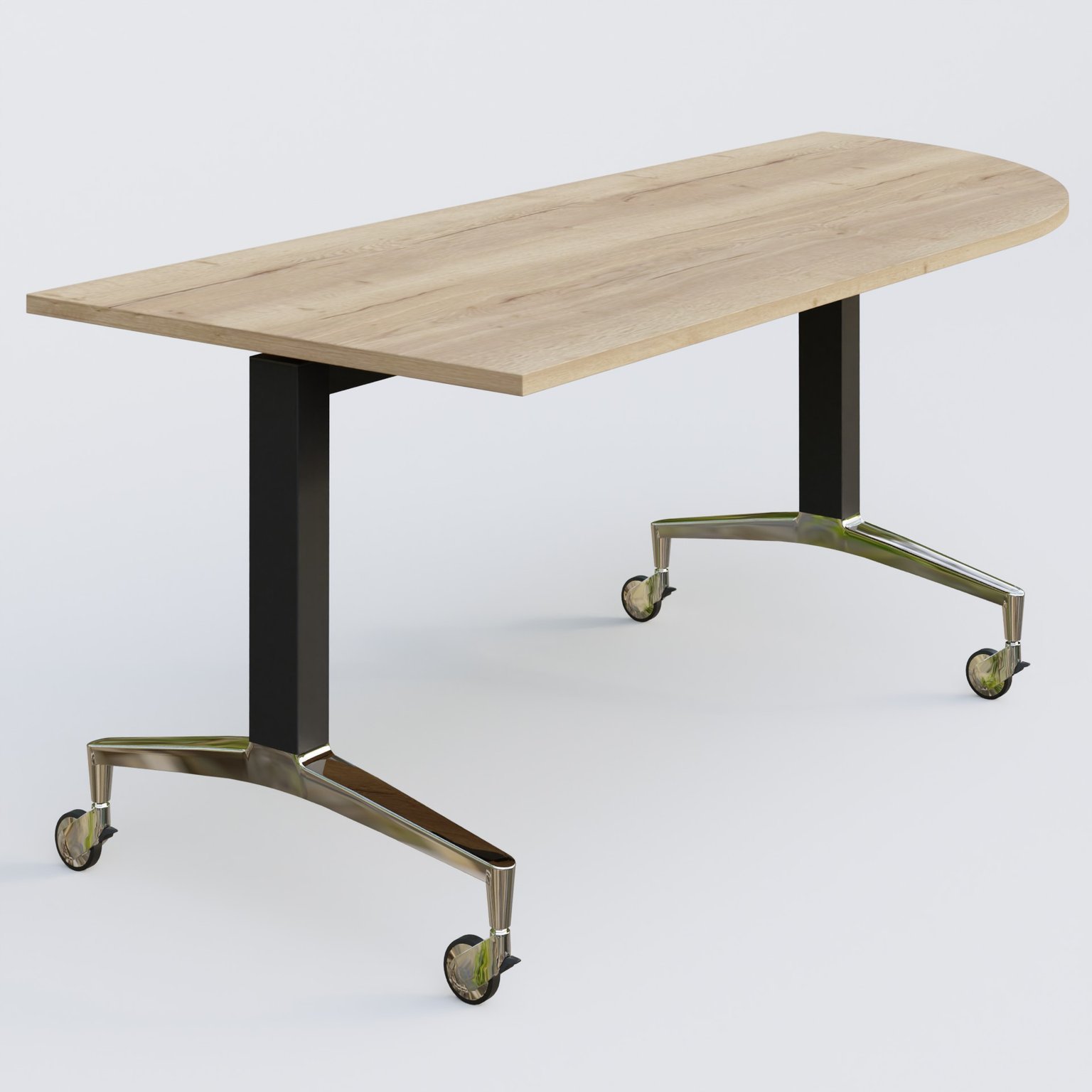 Module d'angle à 90° intégré coté droit de la gamme LEM 200-110 cm. Plateau Chêne naturel et pietement Noir/Chrome.