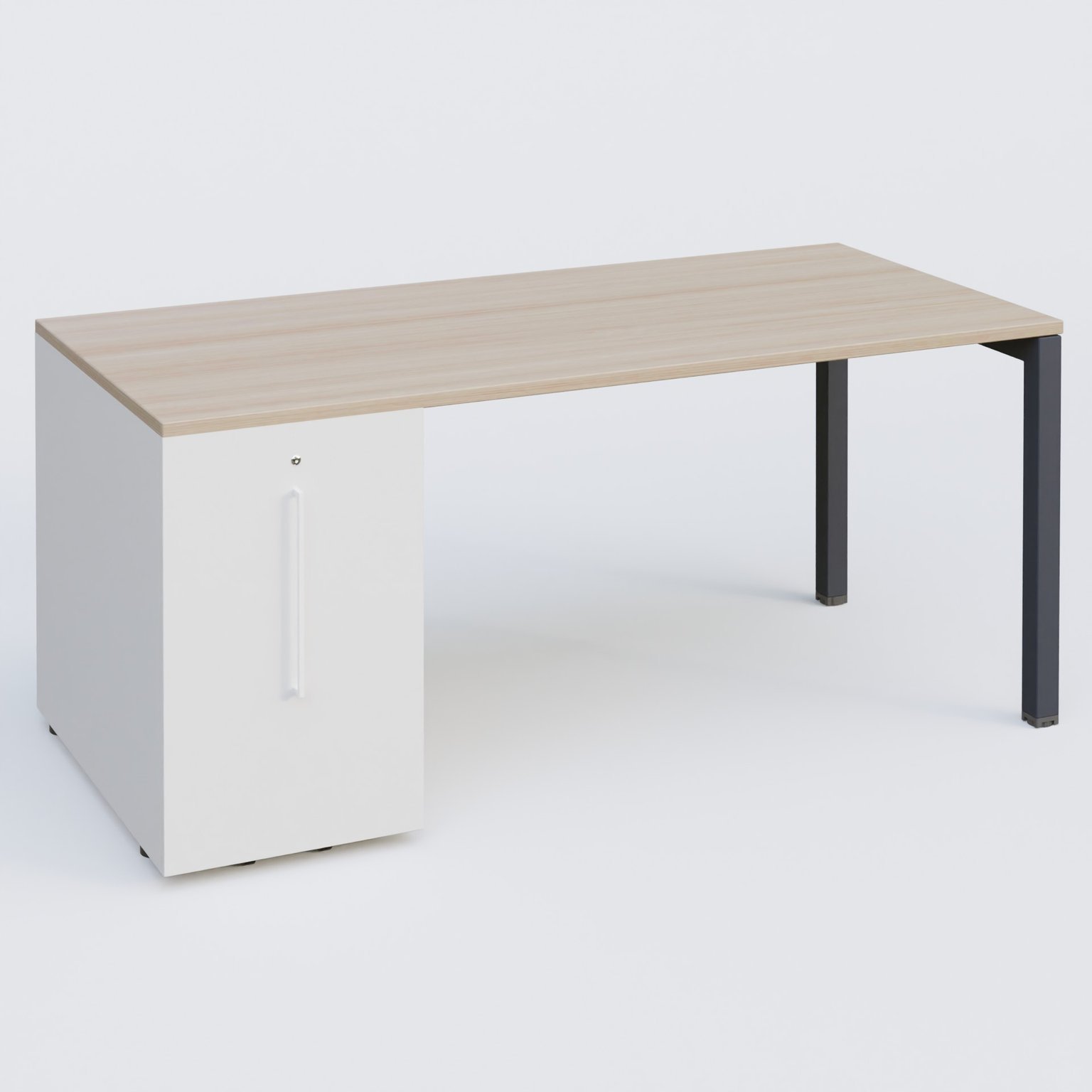 K3 Plateau droit 180x80 avec tour de rangement sous le plateau à gauche. Plateau Acacia et pietement Anthracite