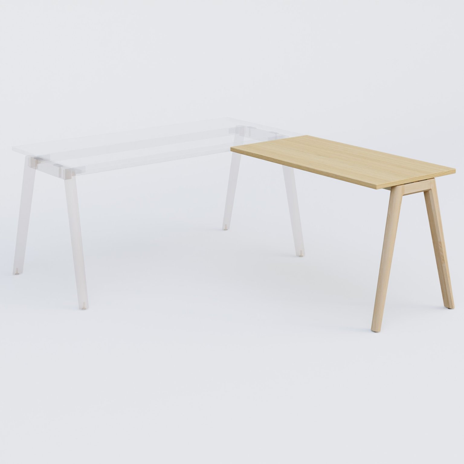 Extensions retour sur pied pour bureau K9 piètement incliné en bois et plateau 120*60 cm. Plateau Chêne clair et pietement bois massif de hêtre.