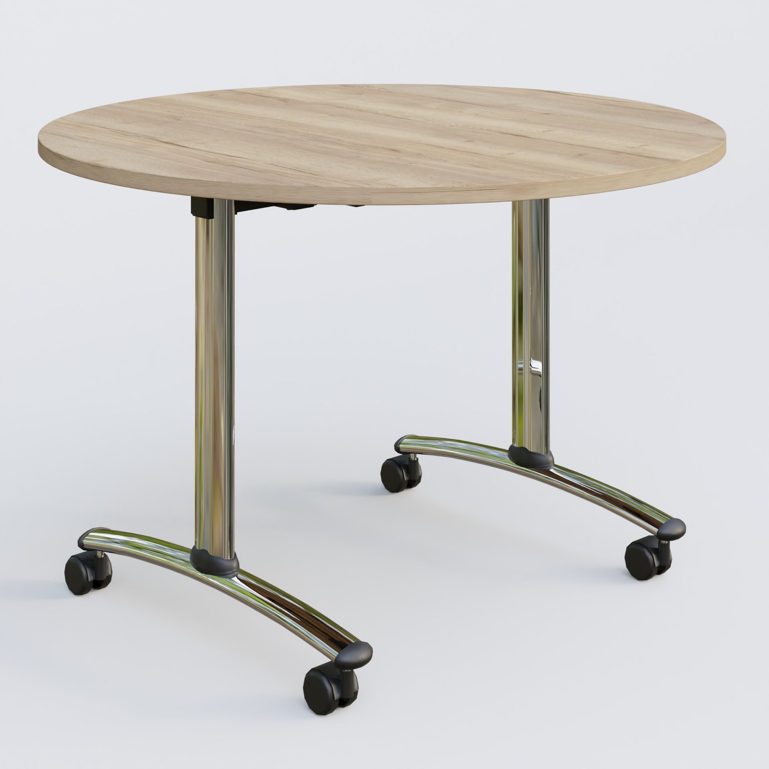 Table ronde gamme Arca D110 cm. Plateau Chêne naturel et pietement Chrome.