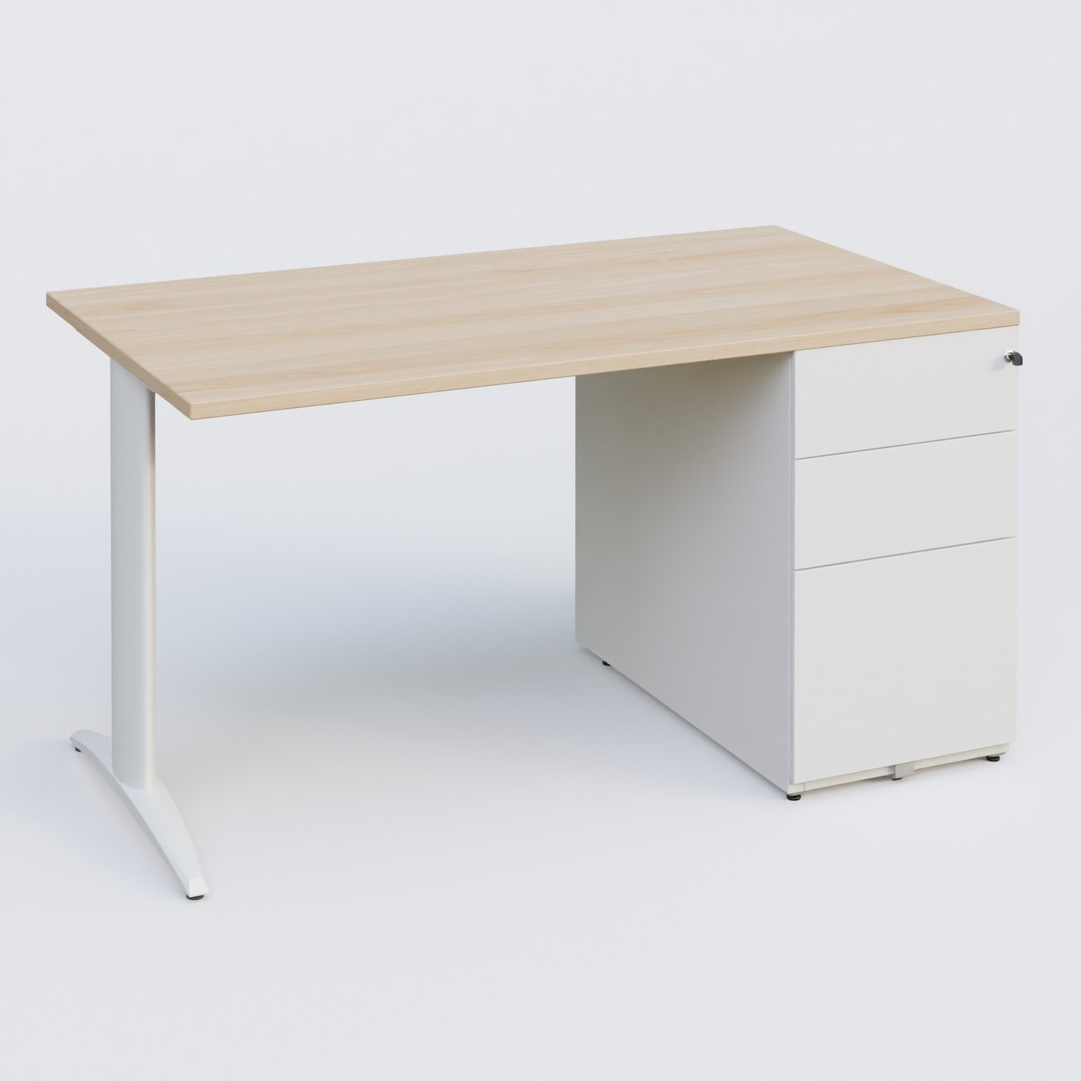 K2 Plateau droit 140x80 avec caisson métalique sous le plateau. Plateau Hêtre et pietement Blanc