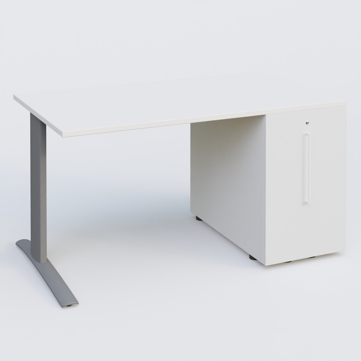 K1 Plateau droit 140x80 avec tour de rangement sous plateau à droite. Plateau Blanc et pietement Aluminium