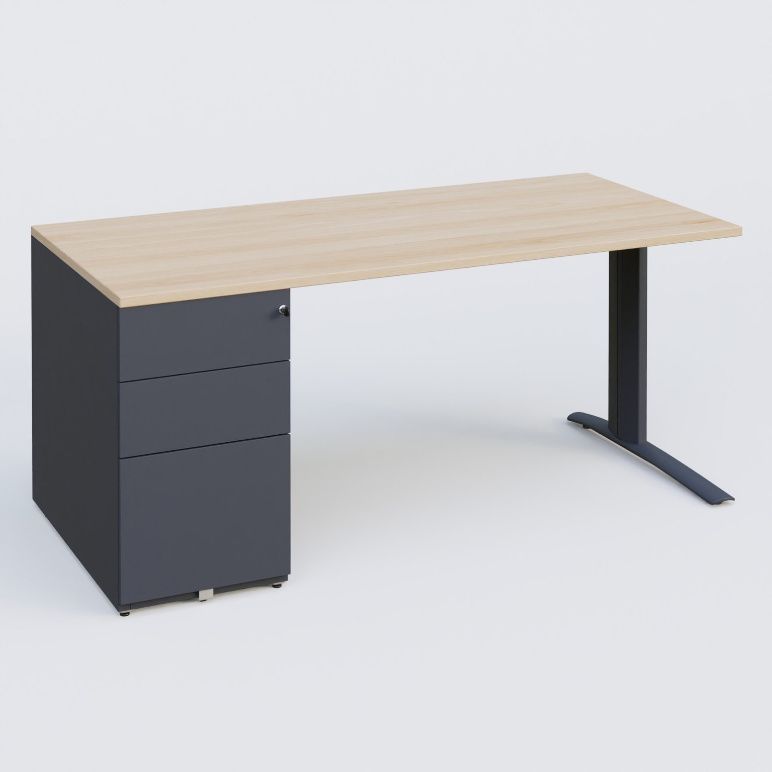 K1 Plateau droit 180x80 avec caisson métal porteur sous plateau à gauche. Plateau Hêtre et pietement Anthracite