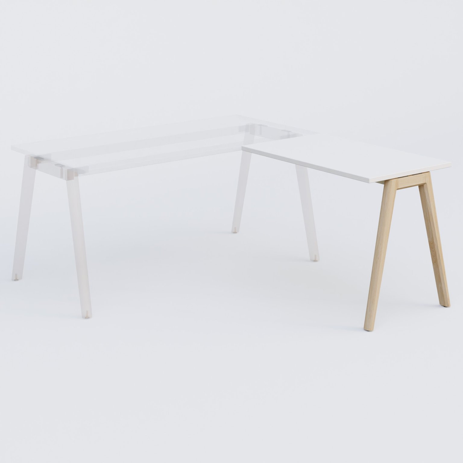 Extensions retour sur pied pour bureau K9 piètement incliné en bois et plateau 100*60 cm. Plateau Blanc et pietement bois massif de hêtre.