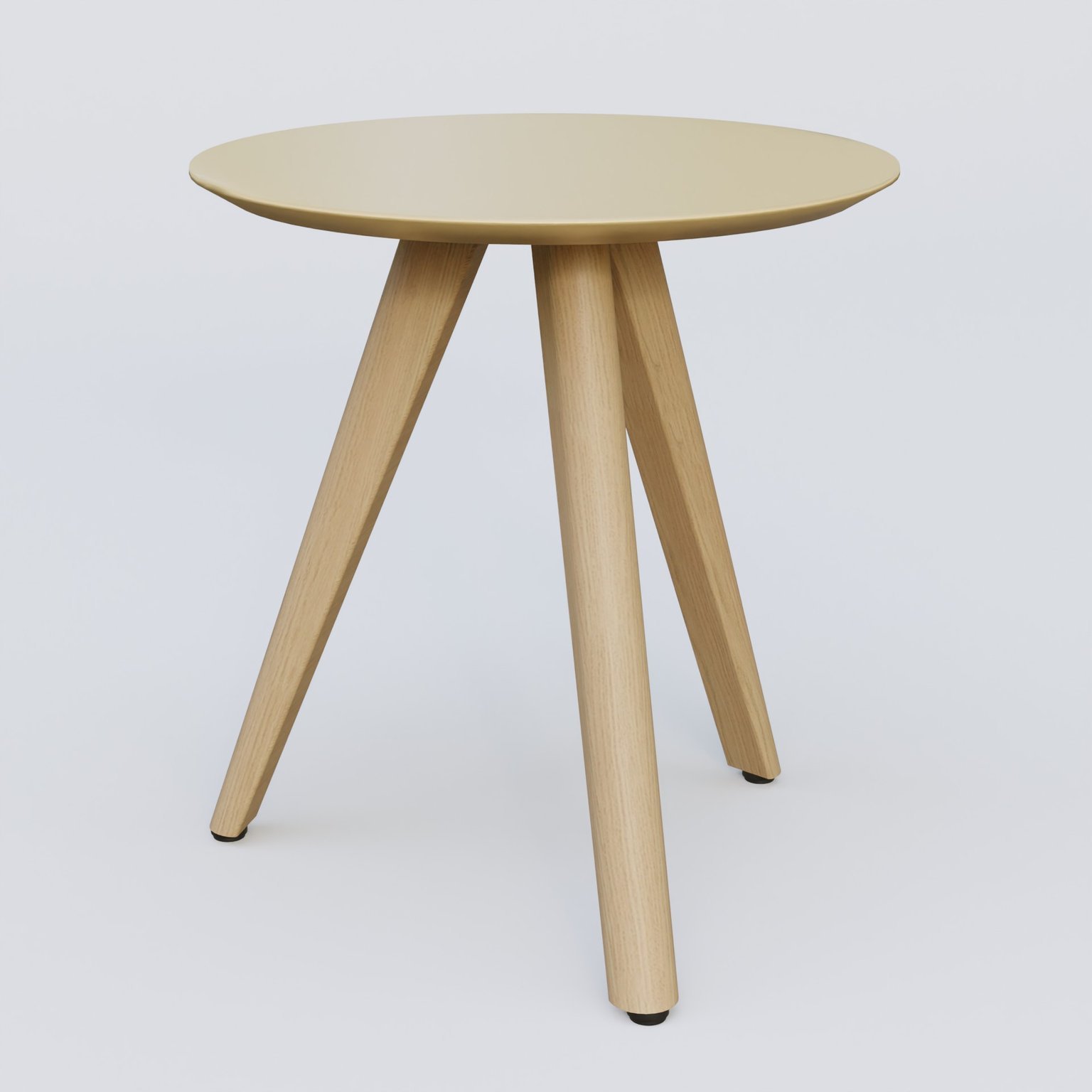 Table Basse Fashion Styl piètement 3 pieds en bois et plateau bois. Plateau Jaune Cuivre (RAL 1002) et pietement Chêne.