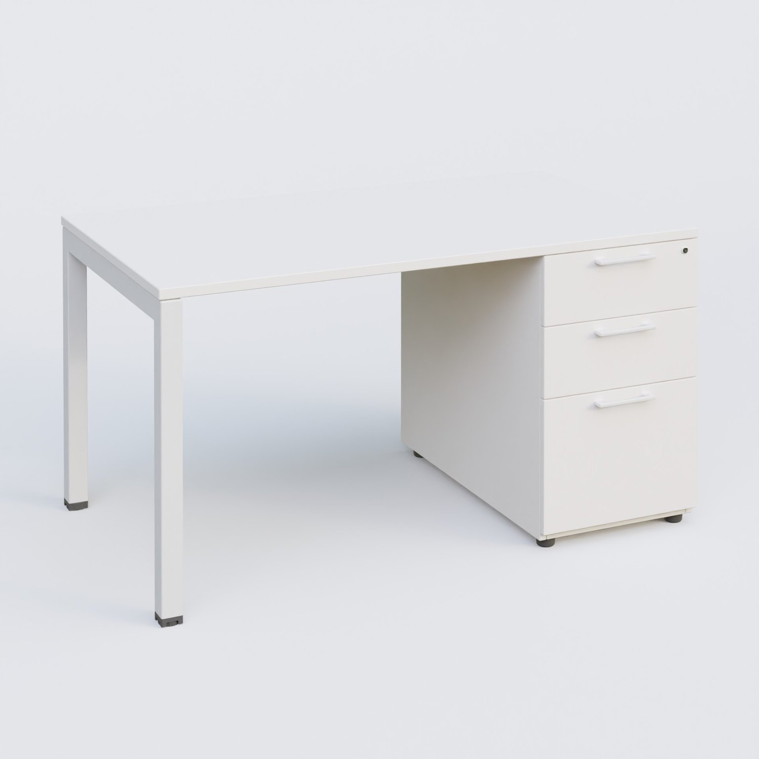 K3 Plateau droit 140x80 avec caisson porteur mélamine. Plateau ,caisson Blanc et pietement Blanc
